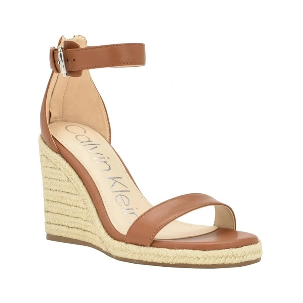 Calvin Klein Womens NOSHELA Leather Open Toe Wedge Sandals Brown Size 10